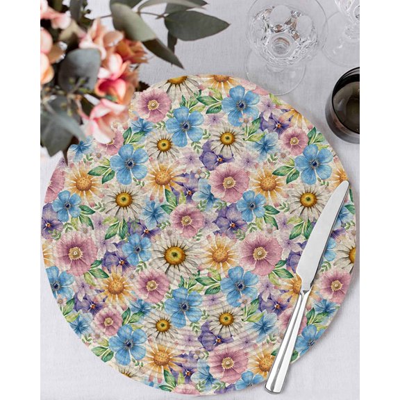 13 Inch Round Placemats Set of 4, Watercolor Flowers Non Slip Heat Insulation PP Table Mats, Spring Floral Daisy Plants Country Beige Washable Place Mats for Kitchen Dining Party Table Decor