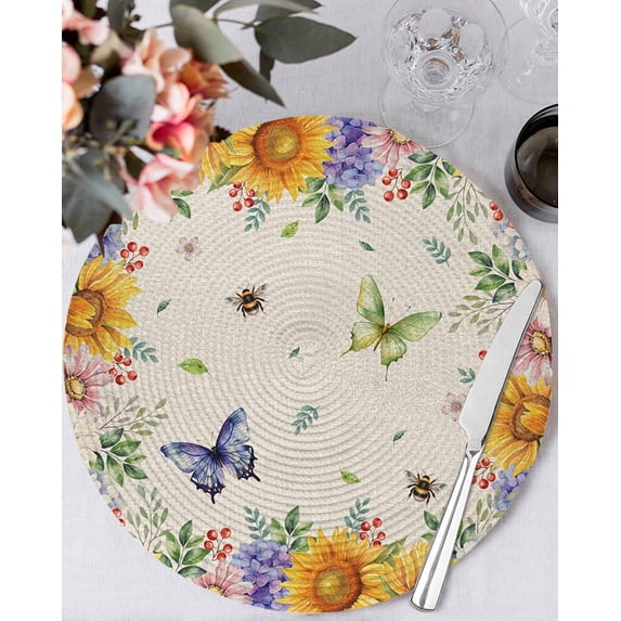13 Inch Round Placemats Set of 4, Watercolor Flowers Non Slip Heat Insulation PP Table Mats, Spring Sunflowers Daisy Butterflies Beige Washable Place Mats for Kitchen Dining Party Table Decor