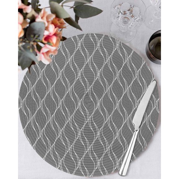 13 Inch Round Placemats Set of 4, Wavy Lines Non Slip Heat Insulation PP Table Mats, Abstract Minimalist Pattern Gray Washable Place Mats for Kitchen Dining Party Table Decor