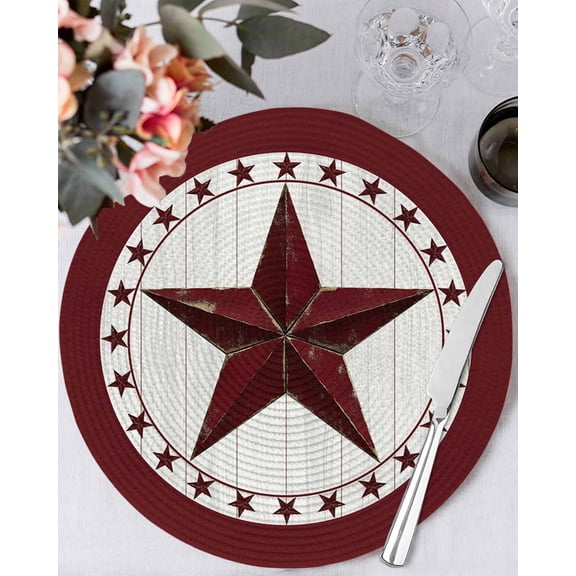 13 Inch Round Placemats Set of 4, Western Texas Star Non Slip Heat Insulation PP Table Mats, Red Retro Pentagram Rustic Wood Grain Washable Place Mats for Kitchen Dining Party Table Decor