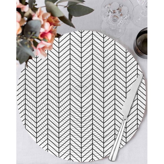 13 Inch Round Placemats Set of 4, White Geometric Non Slip Heat Insulation PP Table Mats, Modern Minimalism Black Striped Lines Washable Place Mats for Kitchen Dining Party Table Decor