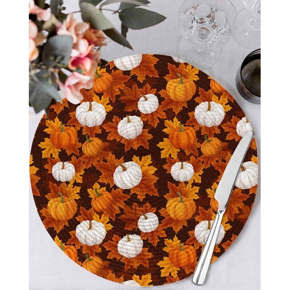13 Inch Round Placemats Set of 4, White Pumpkin Fall Non Slip Heat Insulation PP Table Mats, Thanksgiving Maple Leaves Autumn Washable Place Mats for Kitchen Dining Party Table Decor