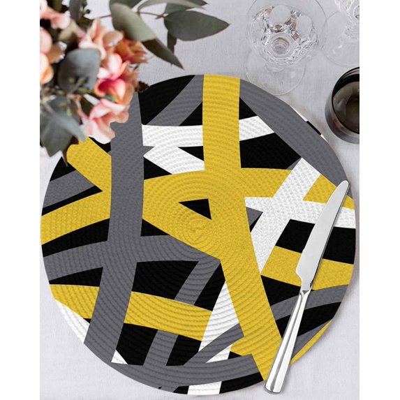 13 Inch Round Placemats Set of 4, Yellow Black Geometric Non Slip Heat Insulation PP Table Mats, Modern Art Abstract Grey Line Washable Place Mats for Kitchen Dining Party Table Decor