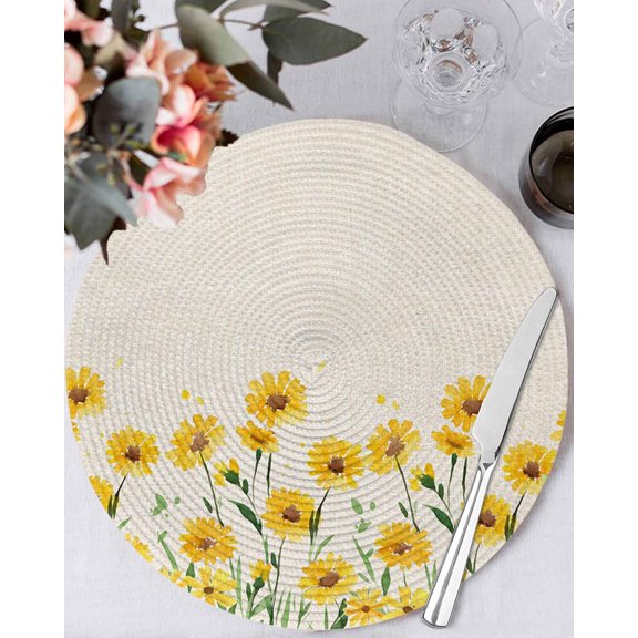 13 Inch Round Placemats Set of 4, Yellow Spring Floral Non Slip Heat Insulation PP Table Mats, Pastoral Flowers Daisy Rustic Washable Place Mats for Kitchen Dining Party Table Decor