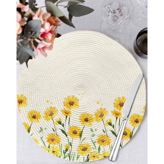 13 Inch Round Placemats Set of 4, Yellow Spring Floral Non Slip Heat Insulation PP Table Mats, Pastoral Flowers Daisy Washable Place Mats for Kitchen Dining Party Table Decor