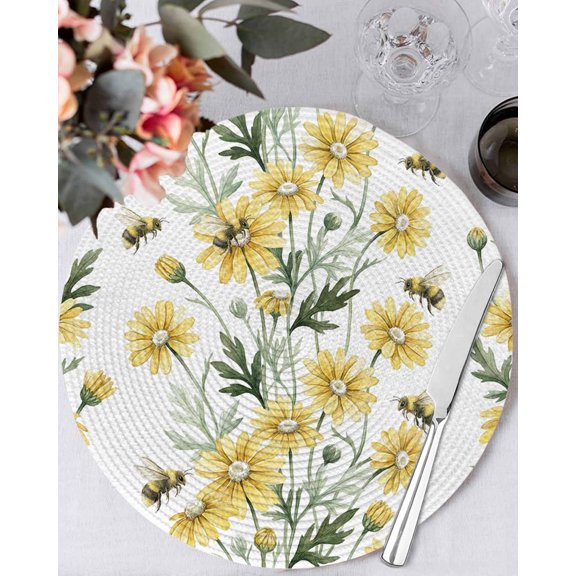 13 Inch Round Placemats Set of 4, Yellow Spring Floral Non Slip Heat Insulation PP Table Mats, Summer Daisy Botanical Flowers Washable Place Mats for Kitchen Dining Party Table Decor