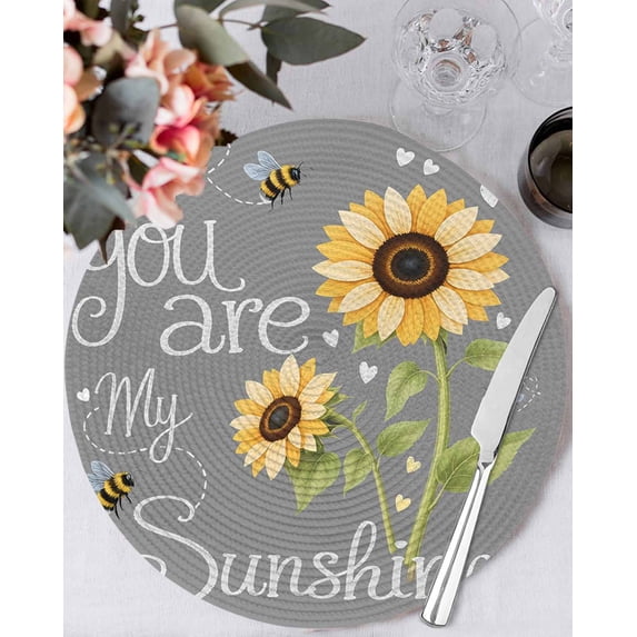 13 Inch Round Placemats Set of 4, You Are My Sunshine Non Slip Heat Insulation PP Table Mats, Yellow Sunflowers Cute Bees Heart Grey Washable Place Mats for Kitchen Dining Party Table Decor