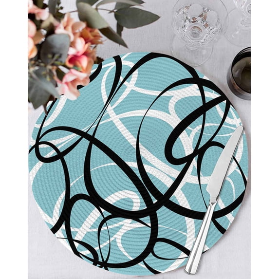 13 Inch Round Placemats Set of 6, Aqua Geometric Non Slip Heat Insulation PP Table Mats, Modern Black White Striped Abstract Lines Washable Place Mats for Kitchen Dining Party Table Decor