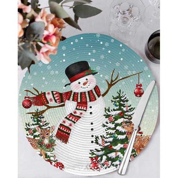 13 Inch Round Placemats Set of 6, Aurora Christmas Snowman Non Slip Heat Insulation PP Table Mats, Xmas Snowflake Elk Winter Washable Place Mats for Kitchen Dining Party Table Decor