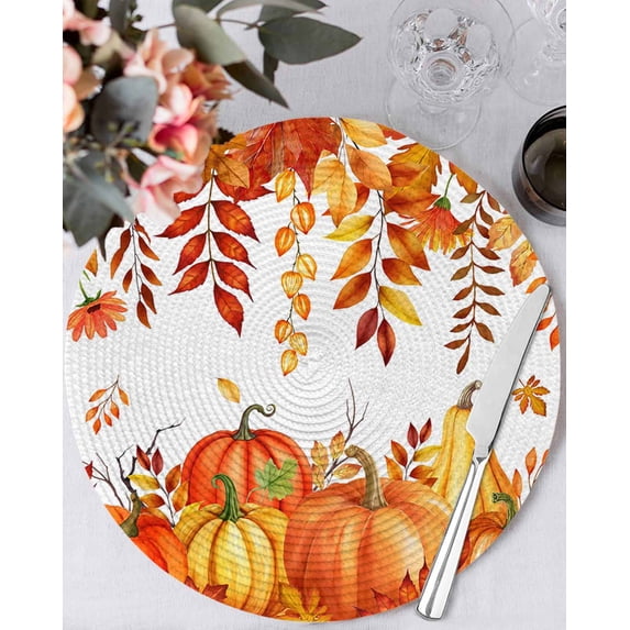 13 Inch Round Placemats Set of 6, Autumn Pumpkin Non Slip Heat Insulation PP Table Mats, Thanksgiving Fall Orange Red Gold Leaf Washable Place Mats for Kitchen Dining Party Table Decor