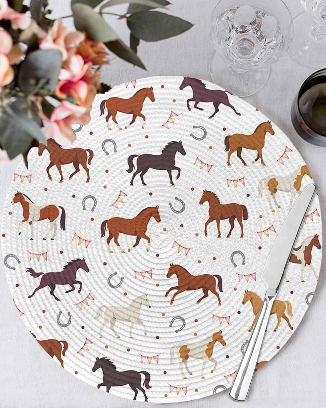 13 Inch Round Placemats Set of 6, Beige Brown Horses Non Slip Heat ...
