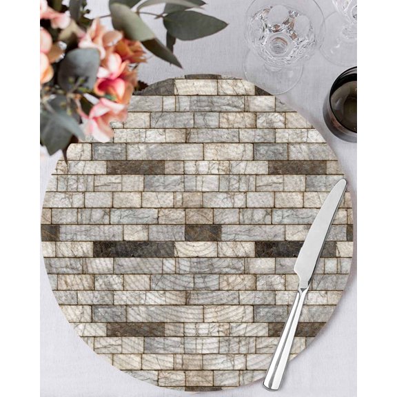 13 Inch Round Placemats Set of 6, Beige Brown Marble Non Slip Heat Insulation PP Table Mats, Simple Vintage Brick Stone Wall Washable Place Mats for Kitchen Dining Party Table Decor