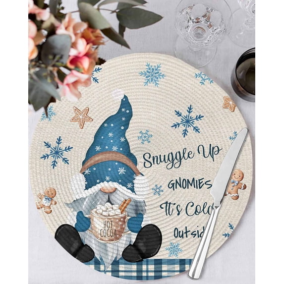 13 Inch Round Placemats Set of 6, Beige Christmas Non Slip Heat Insulation PP Table Mats, Xmas Snowflakes Gnomes Gingerbread Man Washable Place Mats for Kitchen Dining Party Table Decor