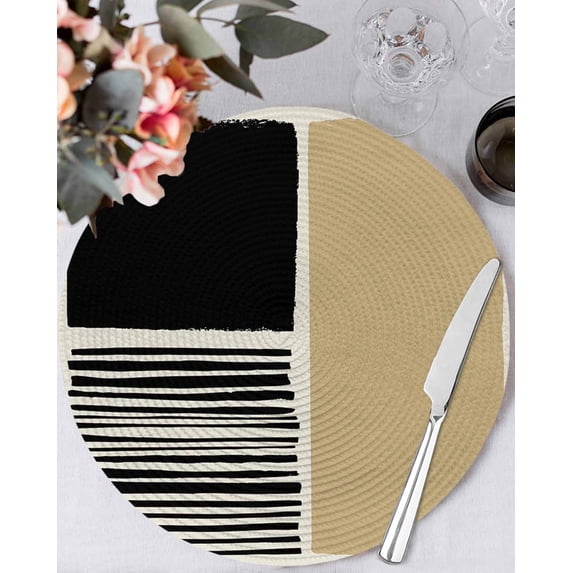 13 Inch Round Placemats Set of 6, Beige Non Slip Heat Insulation PP Table Mats, Modern Abstract Art Farmhouse Striped Washable Place Mats for Kitchen Dining Party Table Decor