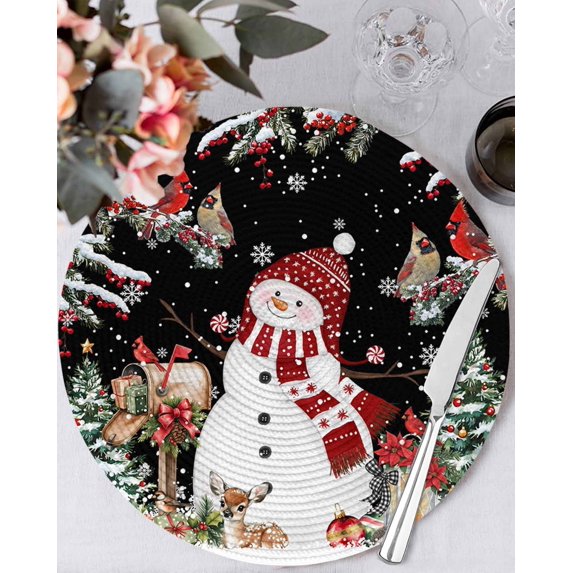 13 Inch Round Placemats Set of 6, Black Christmas Non Slip Heat Insulation PP Table Mats, Red Snowman Xmas Tree Snowflake Winter Washable Place Mats for Kitchen Dining Party Table Decor