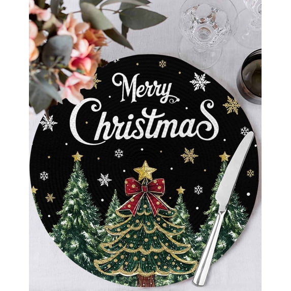 13 Inch Round Placemats Set of 6, Black Christmas Non Slip Heat Insulation PP Table Mats, Snowflake Xmas Christmas Tree Washable Place Mats for Kitchen Dining Party Table Decor