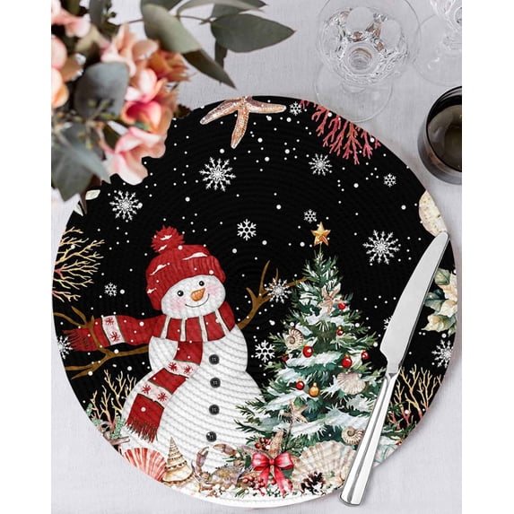 13 Inch Round Placemats Set of 6, Black Christmas Non Slip Heat Insulation PP Table Mats, Snowman Xmas Tree Coastal Snowflake Starfish Washable Place Mats for Kitchen Dining Party Table Decor