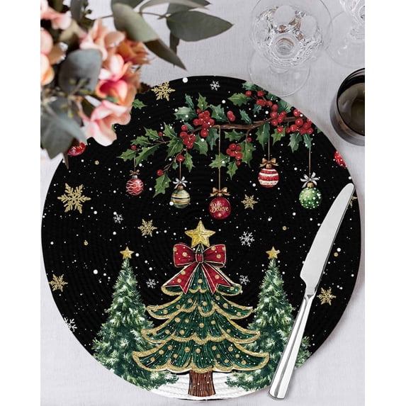 13 Inch Round Placemats Set of 6, Black Christmas Non Slip Heat Insulation PP Table Mats, Xmas Christmas Tree Snowflake Washable Place Mats for Kitchen Dining Party Table Decor