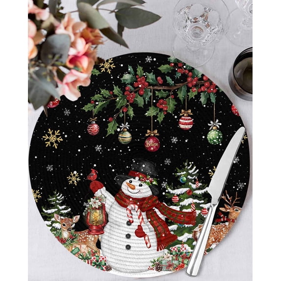 13 Inch Round Placemats Set of 6, Black Christmas Snowman Non Slip Heat Insulation PP Table Mats, Xmas Snowflake Elk Tree Balls Washable Place Mats for Kitchen Dining Party Table Decor