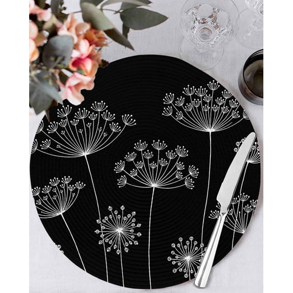 13 Inch Round Placemats Set of 6, Black Dandelion Non Slip Heat Insulation PP Table Mats, Spring Modern Minimalist Country Flower Washable Place Mats for Kitchen Dining Party Table Decor