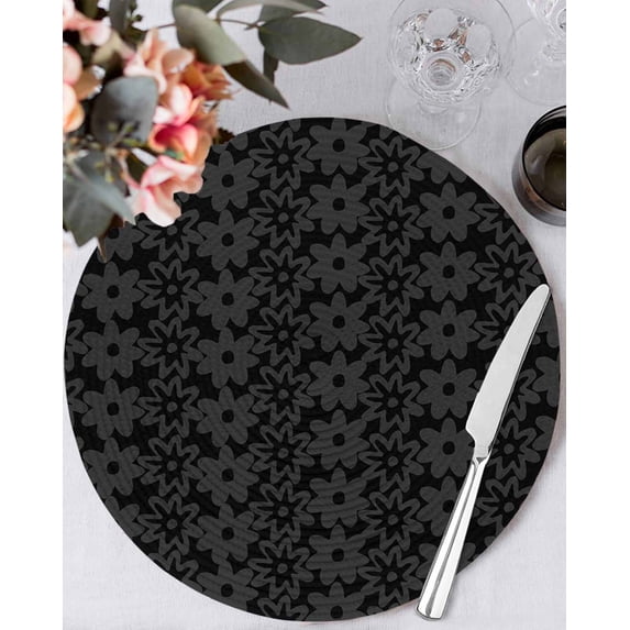 13 Inch Round Placemats Set of 6, Black Golden Floral Non Slip Heat Insulation PP Table Mats, Modern Abstract Art Spring Flowers Washable Place Mats for Kitchen Dining Party Table Decor