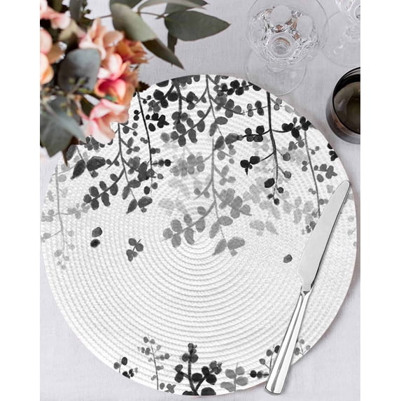 13 Inch Round Placemats Set of 6, Black Leaves Non Slip Heat Insulation PP Table Mats, Summer Botanical Washable Place Mats for Kitchen Dining Party Table Decor