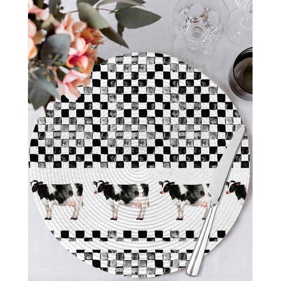 13 Inch Round Placemats Set of 6, Black Plaid Farmhouse Non Slip Heat Insulation PP Table Mats, Watercolor Cute Country Cow Checkered Washable Place Mats for Kitchen Dining Party Table Decor