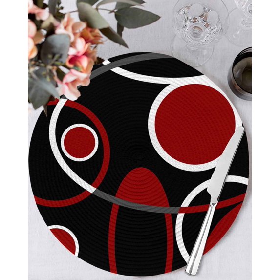 13 Inch Round Placemats Set of 6, Black Red Non Slip Heat Insulation PP Table Mats, White Circle Geometric Abstract Texture Washable Place Mats for Kitchen Dining Party Table Decor