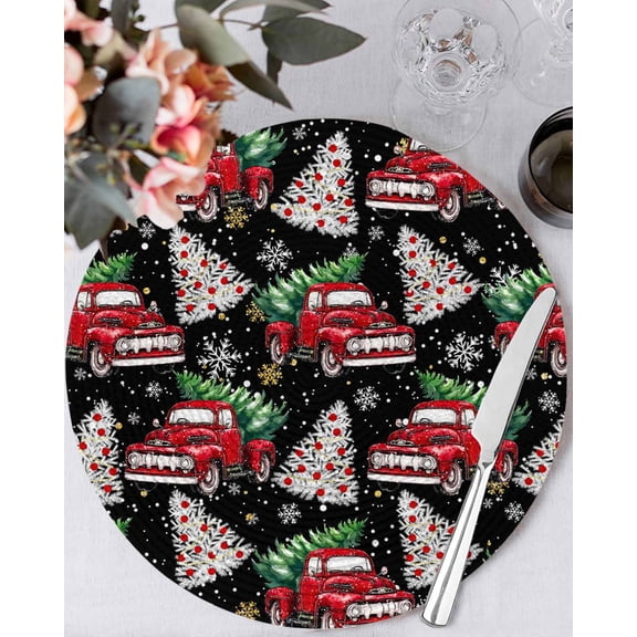 13 Inch Round Placemats Set of 6, Black Red Truck Christmas Non Slip Heat Insulation PP Table Mats, Xmas Tree Snowflake Winter Washable Place Mats for Kitchen Dining Party Table Decor