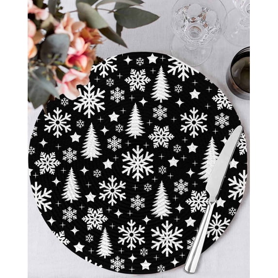 13 Inch Round Placemats Set of 6, Black White Christmas Non Slip Heat Insulation PP Table Mats, Xmas Tree Snowflake Winter Abstract Washable Place Mats for Kitchen Dining Party Table Decor