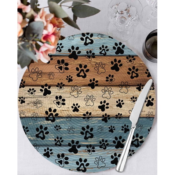 13 Inch Round Placemats Set of 6, Blue Brown Non Slip Heat Insulation PP Table Mats, Rustic Farmhouse Dog Paw Vintage Washable Place Mats for Kitchen Dining Party Table Decor