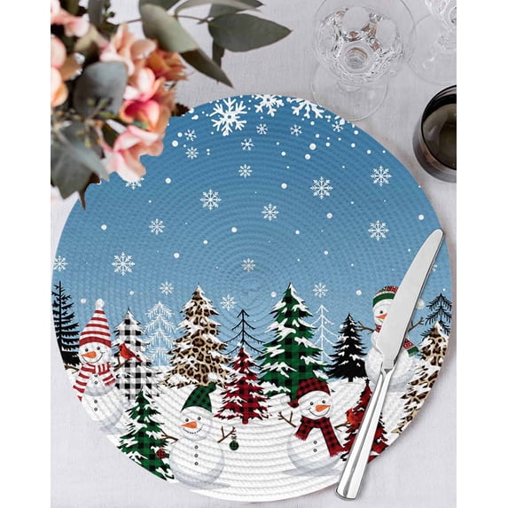 13 Inch Round Placemats Set of 6, Blue Christmas Non Slip Heat Insulation PP Table Mats, Snowman Xmas Tree Winter Snowflake Washable Place Mats for Kitchen Dining Party Table Decor