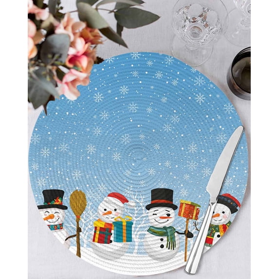13 Inch Round Placemats Set of 6, Blue Christmas Non Slip Heat Insulation PP Table Mats, Xmas Snowman Winter Snowflakes Forest Tree Washable Place Mats for Kitchen Dining Party Table Decor