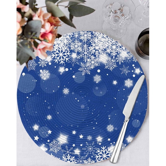 13 Inch Round Placemats Set of 6, Blue Christmas Snowflakes Non Slip Heat Insulation PP Table Mats, Xmas Winter Textured Washable Place Mats for Kitchen Dining Party Table Decor