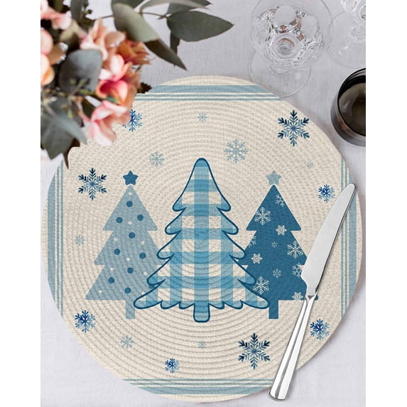 13 Inch Round Placemats Set of 6, Blue Christmas Trees Non Slip Heat Insulation PP Table Mats, Navy Winter Snowflakes Retro Beige Washable Place Mats for Kitchen Dining Party Table Decor