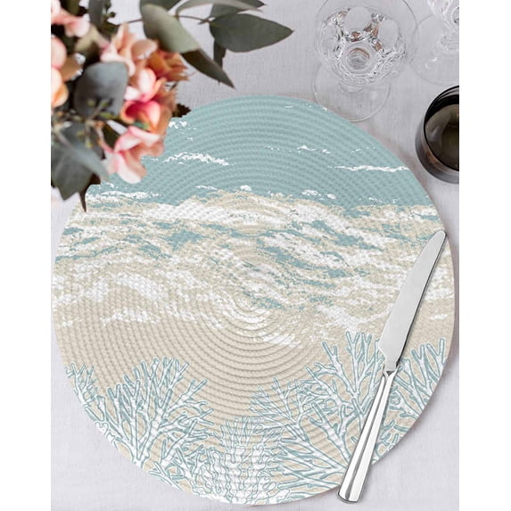 13 Inch Round Placemats Set of 6, Blue Coastal Coral Non Slip Heat Insulation PP Table Mats, Summer Beach Ocean Abstract Art Washable Place Mats for Kitchen Dining Party Table Decor