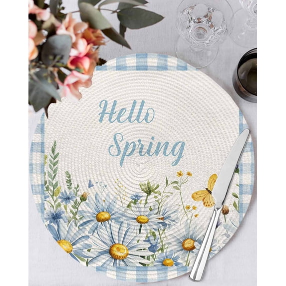 13 Inch Round Placemats Set of 6, Blue Daisy Floral Non Slip Heat Insulation PP Table Mats, Spring Country Flower Butterflies Plaid Washable Place Mats for Kitchen Dining Party Table Decor
