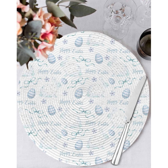 13 Inch Round Placemats Set of 6, Blue Easter Non Slip Heat Insulation PP Table Mats, Watercolor Spring Bunny Eggs Flowers Washable Place Mats for Kitchen Dining Party Table Decor