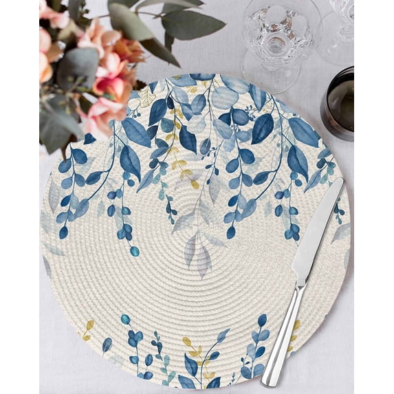 13 Inch Round Placemats Set of 6, Blue Eucalyptus Non Slip Heat Insulation PP Table Mats, Farmhouse Weeping Leaves Linen Washable Place Mats for Kitchen Dining Party Table Decor