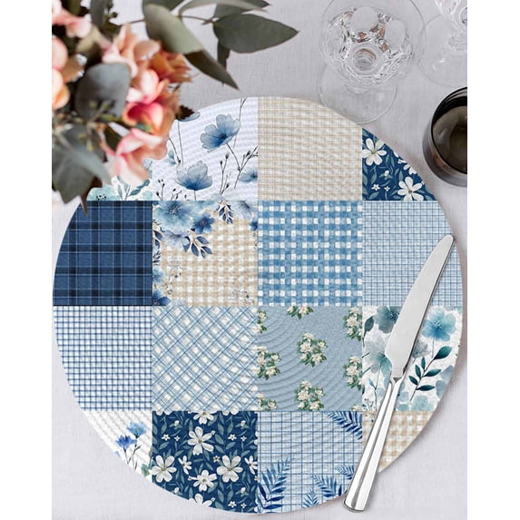 13 Inch Round Placemats Set of 6, Blue Floral Non Slip Heat Insulation PP Table Mats, Spring Flowers Plants Patchwork Grid Bohemia Washable Place Mats for Kitchen Dining Party Table Decor