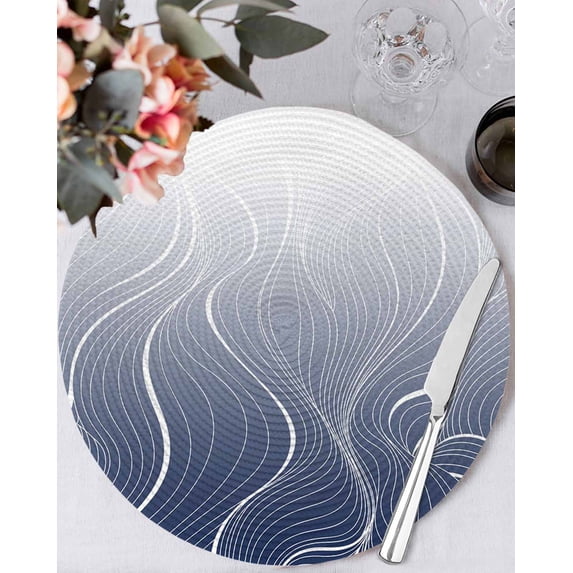 13 Inch Round Placemats Set of 6, Blue Geometric Non Slip Heat Insulation PP Table Mats, Modern White Stripe Abstract Distortion Art Washable Place Mats for Kitchen Dining Party Table Decor