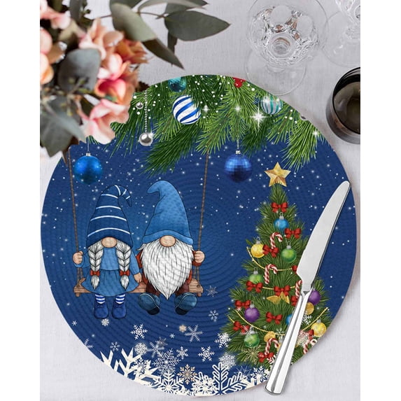 13 Inch Round Placemats Set of 6, Blue Gnomes Christmas Non Slip Heat Insulation PP Table Mats, Xmas Tree Weeping Balls Snowflake Washable Place Mats for Kitchen Dining Party Table Decor