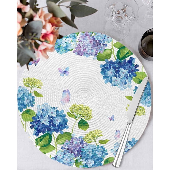 13 Inch Round Placemats Set of 6, Blue Hydrangea Non Slip Heat Insulation PP Table Mats, Farmhouse Butterfly Spring Floral Washable Place Mats for Kitchen Dining Party Table Decor