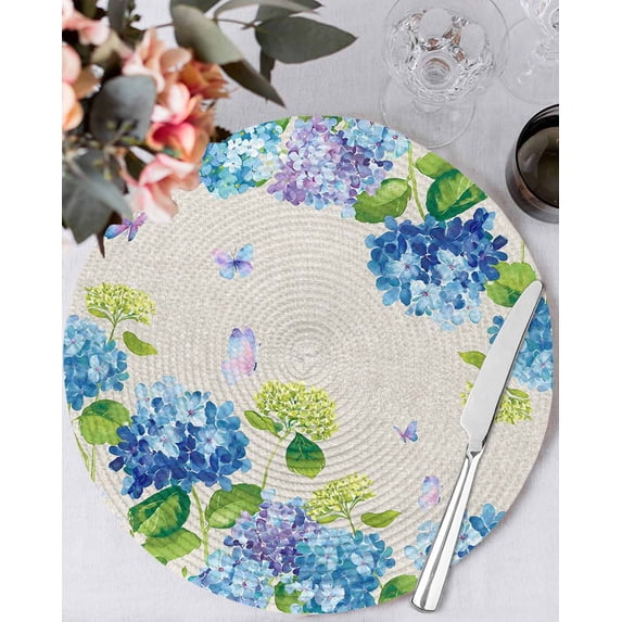 13 Inch Round Placemats Set of 6, Blue Hydrangea Non Slip Heat Insulation PP Table Mats, Linen Texture Butterfly Spring Floral Washable Place Mats for Kitchen Dining Party Table Decor