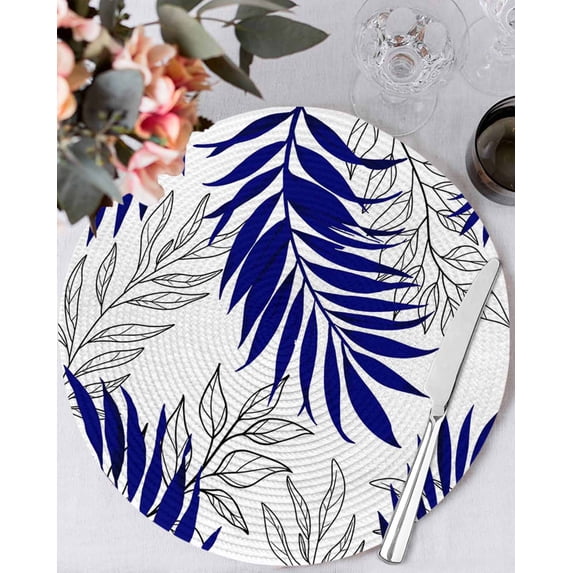 13 Inch Round Placemats Set of 6, Blue Leaves Non Slip Heat Insulation PP Table Mats, Abstract Modern Geometric Lines Simple Art Washable Place Mats for Kitchen Dining Party Table Decor