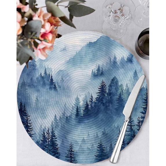13 Inch Round Placemats Set of 6, Blue Mountain Non Slip Heat Insulation PP Table Mats, Misty Forest Nature Woodland Pine Tree Landscape Washable Place Mats for Kitchen Dining Party Table Decor