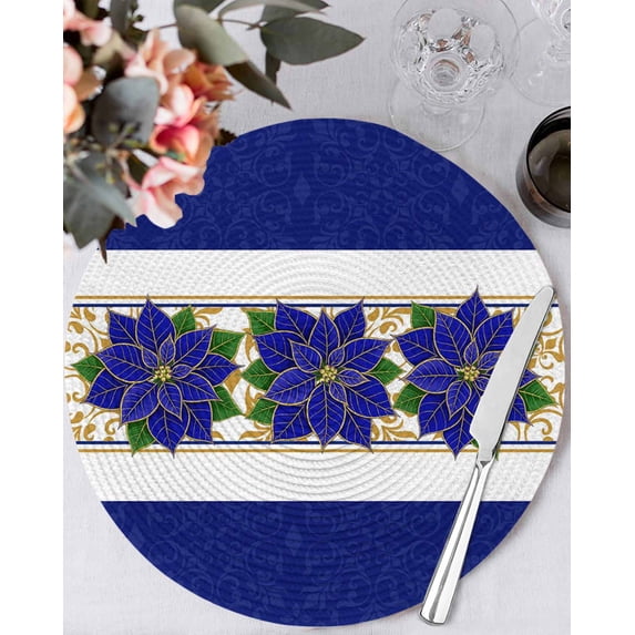 13 Inch Round Placemats Set of 6, Blue Poinsettia Christmas Non Slip Heat Insulation PP Table Mats, Xmas Botanical Vintage Floral Washable Place Mats for Kitchen Dining Party Table Decor