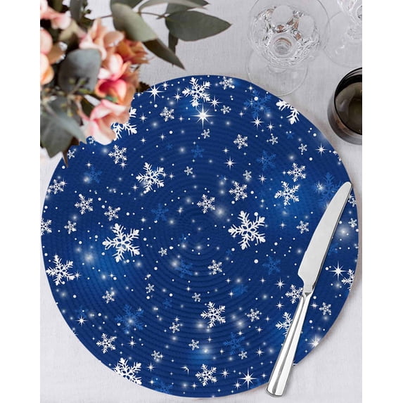 13 Inch Round Placemats Set of 6, Blue Snowflake Christmas Non Slip Heat Insulation PP Table Mats, Winter Xmas Snowflake Washable Place Mats for Kitchen Dining Party Table Decor