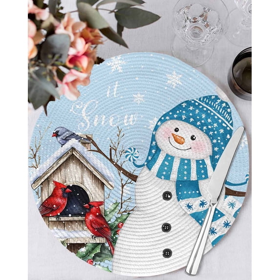 13 Inch Round Placemats Set of 6, Blue Snowman Christmas Non Slip Heat Insulation PP Table Mats, Xmas Snowflake Birds Berry Winter Washable Place Mats for Kitchen Dining Party Table Decor