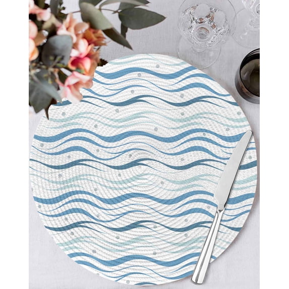 13 Inch Round Placemats Set of 6, Blue Stripes Non Slip Heat Insulation PP Table Mats, Modern Gradient Abstract Ocean Waves Lines Washable Place Mats for Kitchen Dining Party Table Decor